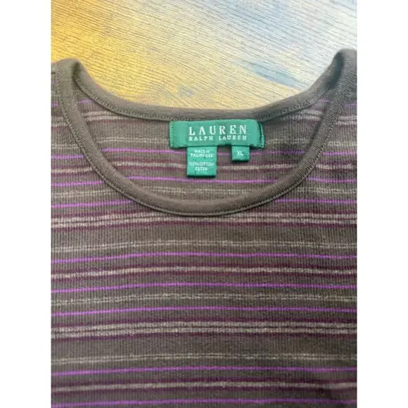 Lauren Ralph Lauren Striped Long Sleeve Top Brown Purple Ribbed Cotton XL - Picture 2 of 5